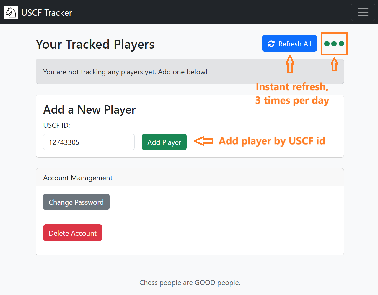 Screenshot of an empty dashboard with annotations for adding players and refreshing.